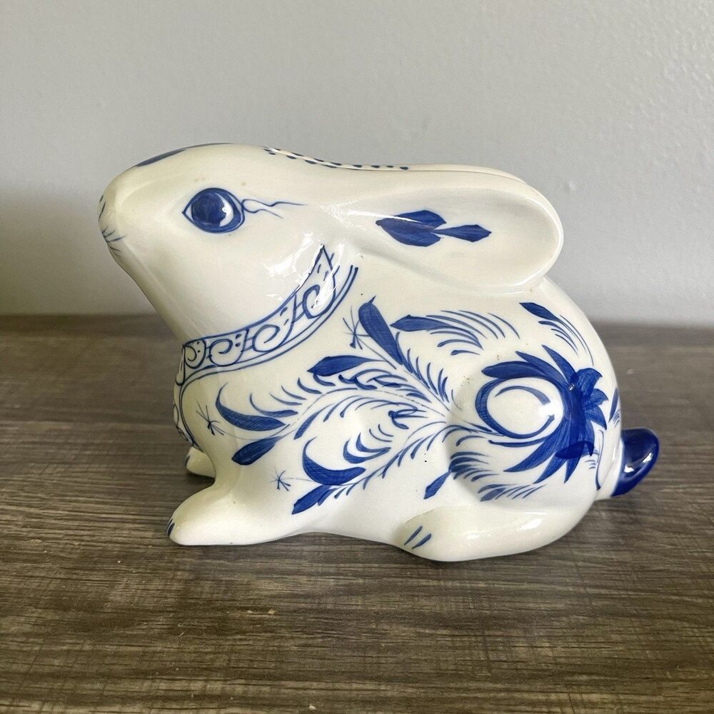 Vintage Bunny Rabbit Ceramic White & Blue Glossy Figurine Coin Bank Decor 6 By 4